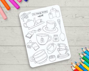 Coloring Stickers, Tea Themed Journal Sticker Sheet