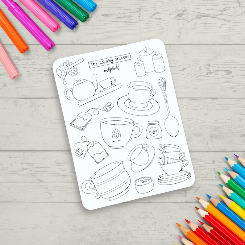 Coloring Stickers, Tea Themed Journal Sticker Sheet image 1