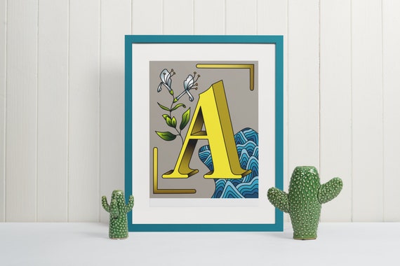 Letter A Wall Art Print Artistic Alphabet Monogram Poster Unique Initial Nursery or Office Decor Gift Floral Type Print