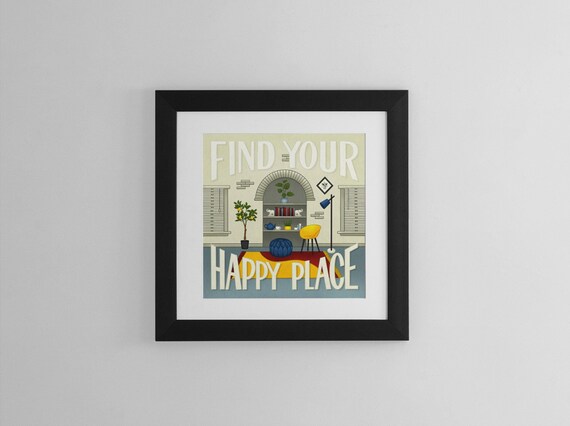 Happy Place Living Room Wall Art Print Reading Nook Quote Poster Housewarming Gift