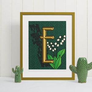 Impressão de arte de parede com letra E, monograma floral, pôster de tipografia, presente inicial exclusivo para decoração de berçário ou escritório, placa de alfabeto artística