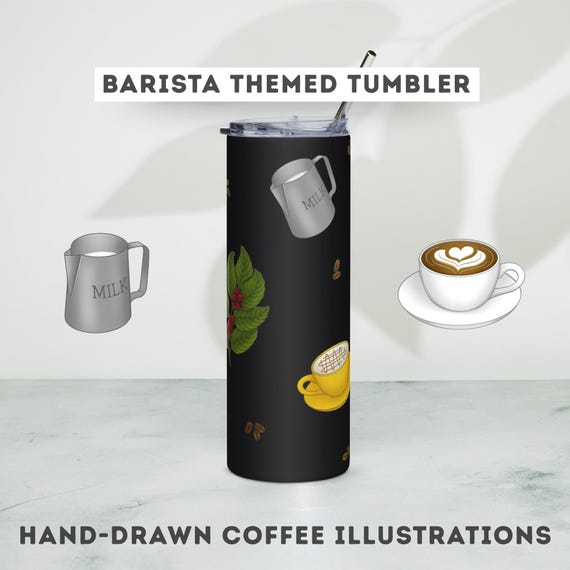 Coffee Themed Travel Mug Gift for Barista Stainless Steel Tumbler for Coffee Lover Latte Art Mug