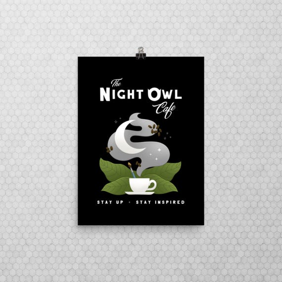 Night Owl Cafe Art Print Moon and Stars Wall Art for Cozy Nights Creative Fall Decor Spooky Season Poster Gift for Coffee Lovers