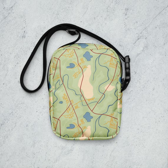 Map Print Crossbody Bag Small Travel Bag with Zipper and Strap Water-Resistant Bag for Hikes Festivals or Van Life Gift for Travel Lovers
