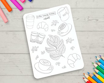 Coloring Stickers, Coffee Themed Journal Sticker Sheet