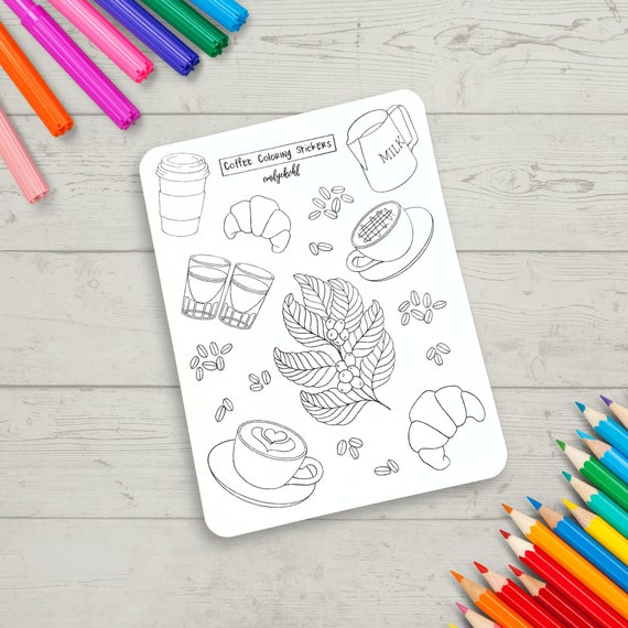 Coloring Stickers Coffee Themed Custom Journal Sticker Sheet Adult Coloring Gift