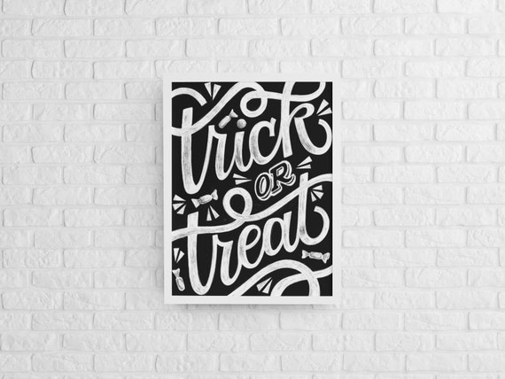 Trick or Treat Poster Cute Halloween Chalkboard Wall Art Print with Candy Illustration Spooky Fall Home Decor Sign