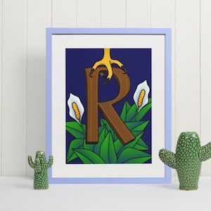 Impresión artística de pared con la letra R, monograma floral, tipografía, decoración de pared, regalo inicial único para decoración de guardería o biblioteca, letrero artístico del alfabeto