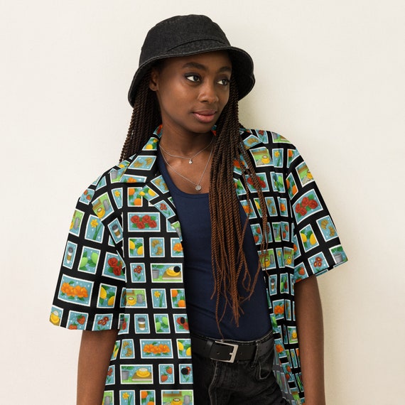 Fruit Flowers and Coffee on Postage Stamps Button Down Shirt