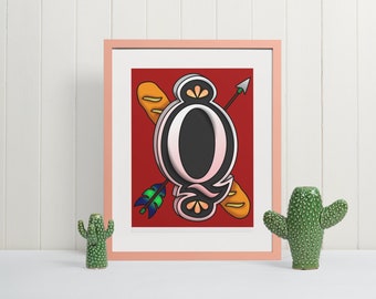 Letter Q Wall Art Print, Monogram Typography Poster, Nursery Art Print