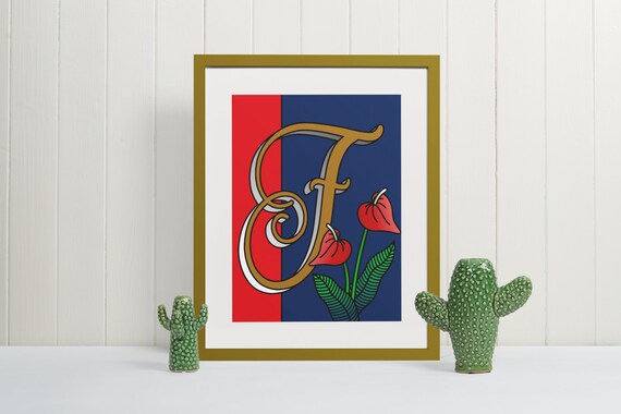 Letter F Wall Art Print Floral Monogram Typography Poster Unique Initial Gift for Nursery or Office Decor Artistic Alphabet Sign