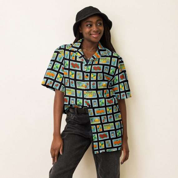 Coffee and Citrus Postage Stamp Button Down Shirt Whimsical Coffee Lover Shirt with Fruit Flowers and Books Summer Floral Gift for Barista