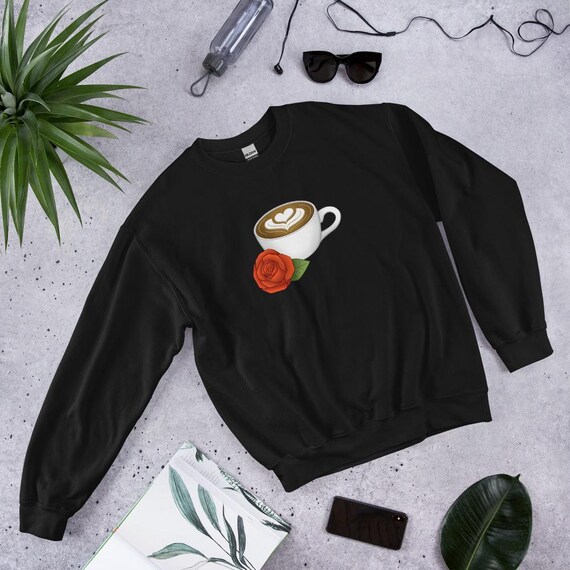 Floral Coffee Sweatshirt Rose Flower and Latte Art Shirt Gift for Coffee Lover