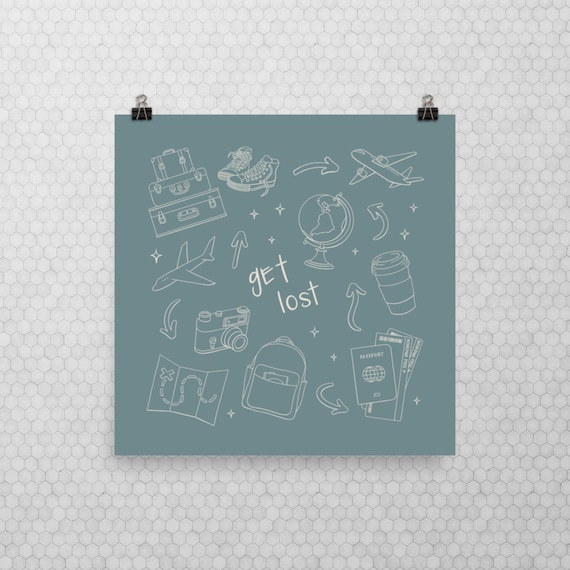 Get Lost Travel Doodle Wall Art Print Minimalist Adventure Poster Wanderlust Decor for Travelers Backpackers and Dreamers
