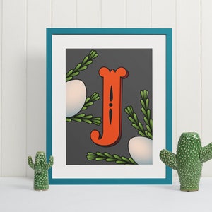 Stampa artistica da parete con lettera J, poster con monogramma e tipografia, regalo unico con iniziale botanica per la decorazione di cameretta o ufficio, cartello con alfabeto artistico