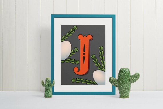 Letter J Wall Art Print Monogram Typography Poster Unique Botanical Initial Gift for Nursery or Office Decor Artistic Alphabet Sign