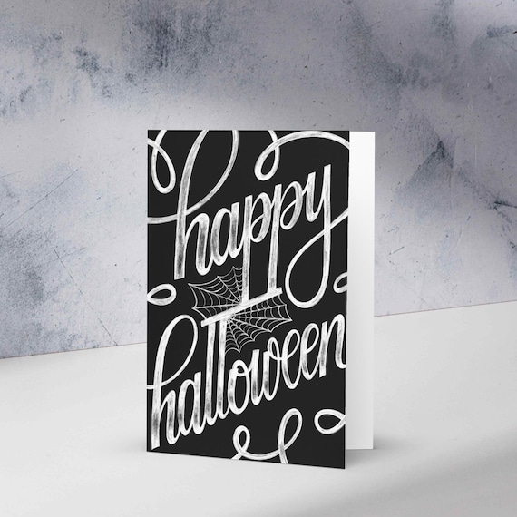 Happy Halloween Greeting Card Chalkboard Calligraphy Spiderweb Card Spooky Farmhouse Fall Decor Blank Inside with Envelope