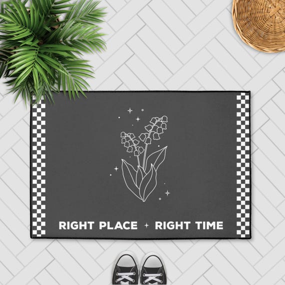 Right Place Right Time Accent Rug Indoor Outdoor Welcome Mat Modern Checkerboard Entryway Rug Black and White Floral Decor Housewarming Gift