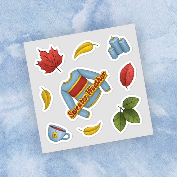 Sweater Weather Sticker Sheet Cozy Autumn Vinyl Decals with Fall Leaves Sweater Candles Tea Cup Cozy Fall Planner Laptop Tablet Stickers