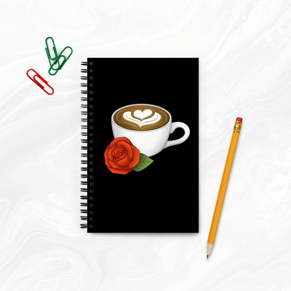 Floral Coffee Mug Spiral Notebook Latte and Rose Dot Grid Art Journal Barista Gift for Coffee Lover