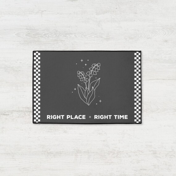 Right Place Right Time Accent Rug Indoor Outdoor Welcome Mat Modern Checkerboard Entryway Rug Black and White Floral Decor Housewarming Gift
