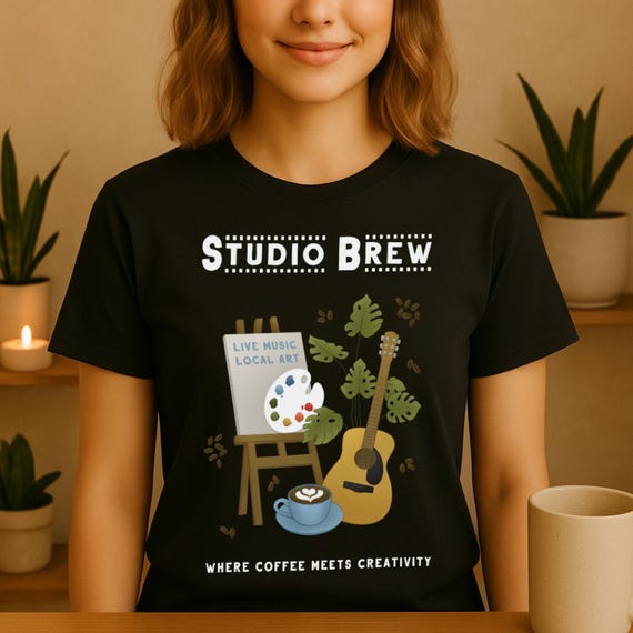 Coffee Art and Music T-Shirt Cozy Artist Coffee Shop Shirt for Creatives Aesthetic Musician Tee Gift for Cafe Lover and Baristas Studio Brew