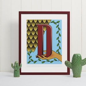 Impresión artística de pared con la letra D, monograma, tipografía, póster, regalo inicial único para la decoración de la guardería o la oficina, alfabeto artístico