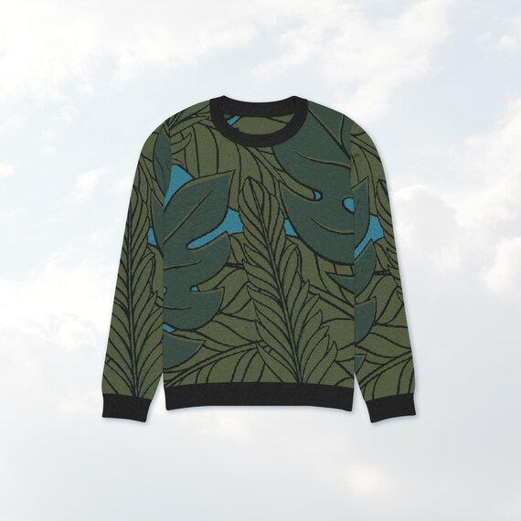 Tropical Leaves Knit Sweater Botanical Sweater for Plant Lovers