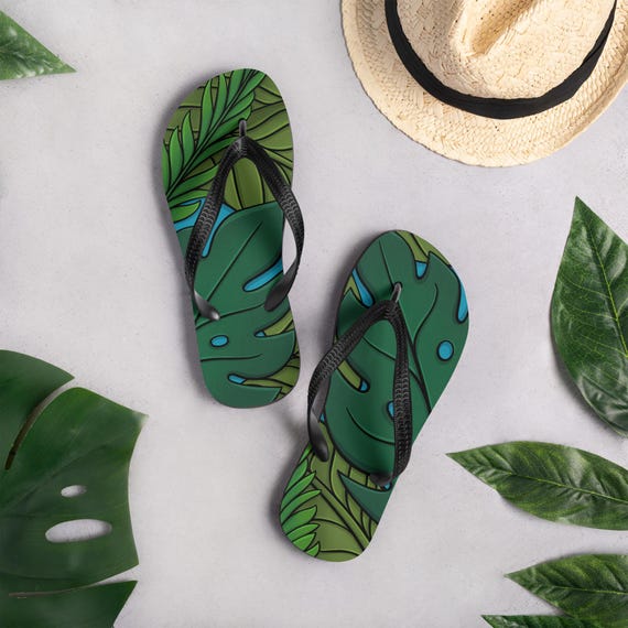 Tropical Flip-Flops Leaf Print Sandals Vacation Beach Gift for Plant Lover
