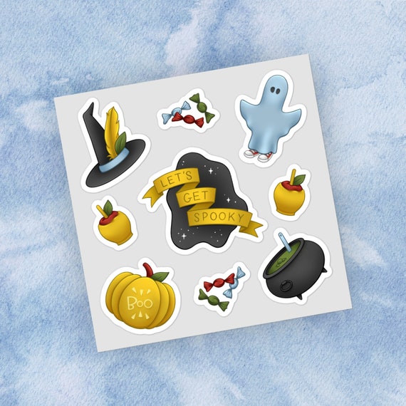 Spooky Halloween Sticker Sheet Cute Fall Vinyl Decals with Ghost Witch’s Hat Cauldron Pumpkin Candy and Caramel Apple Autumn Sticker Set