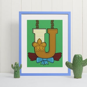 Impresión artística de pared con la letra U, póster tipográfico con monograma artístico, regalo inicial único para la decoración de la guardería o el aula, letrero del alfabeto dorado