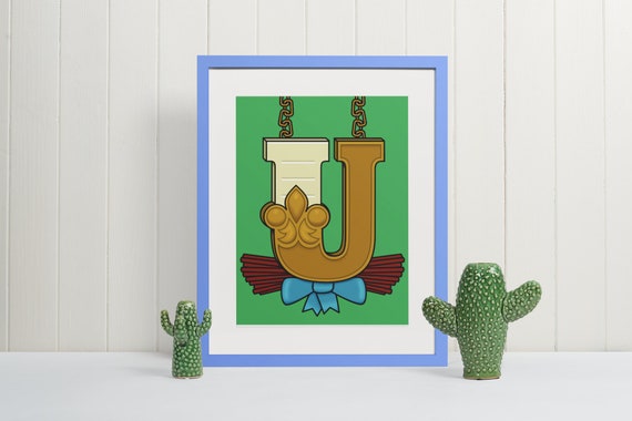 Letter U Wall Art Print Artistic Monogram Typography Poster Unique Initial Gift for Nursery or Classroom Decor Gilded Alphabet Sign
