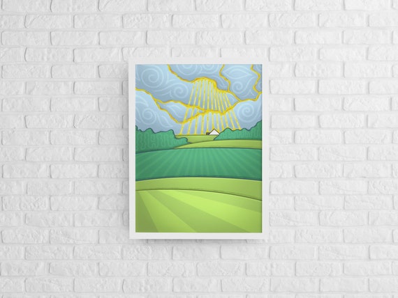 Farmhouse Landscape Art Print Sunlit Fields Wall Decor Green Countryside Artwork Rolling Hills Nature Poster Farm Wall Decor