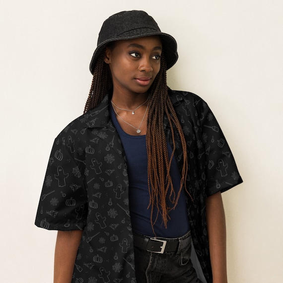 Halloween Print Button Down Shirt Cute Spooky Collared Top Witch Ghost and Pumpkin Pattern Lightweight Fall Festival Outfit