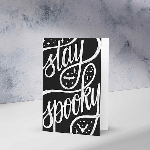 Stay Spooky Halloween Greeting Card Chalkboard Calligraphy Bat Design Farmhouse Fall Mail Decor for Witchy Friend Blank Inside with Envelope