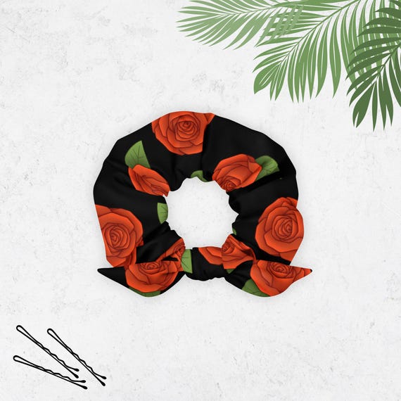 Floral Scrunchie Red Rose Pattern Hair Accessory Cute Flower Accessories