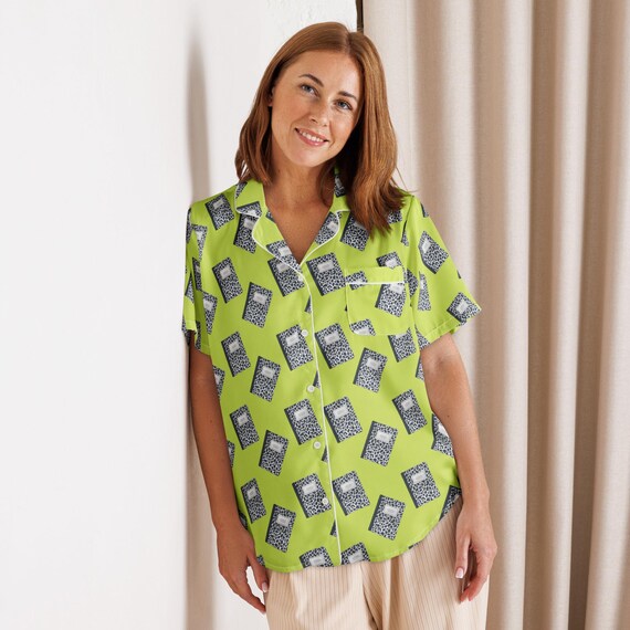 Composition Notebook Pajama Top Women’s Short Sleeve Fun Pattern PJ Shirt 90s Inspired Fashion