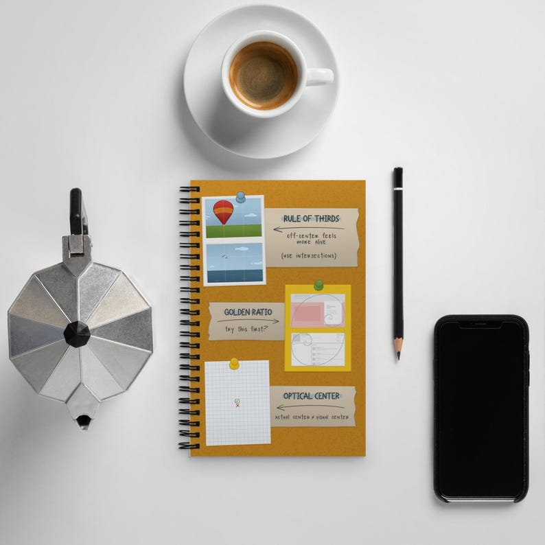 Graphic Design Basics Spiral Notebook features illustrated notes on common principles of composition including the Rule of Thirds, Golden Ratio and Optical Center on the front cover.