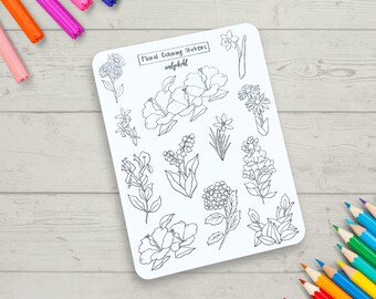 Coloring Stickers, Floral Themed Journal Sticker Sheet