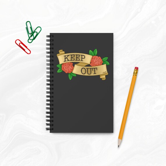 Keep Out Dot Grid Spiral Notebook Floral Journal with Tattoo Inspired Banner Cute Funny Flower Blank Book Gift