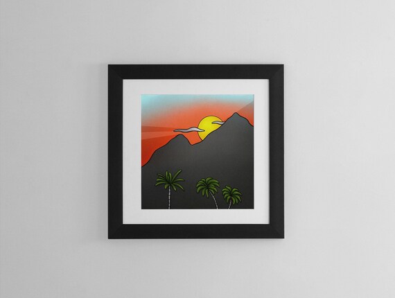 California Sunset Wall Art Print Mountain Landscape with Palm Trees Illustration