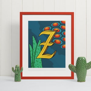 Impresión artística de pared con la letra Z, póster tipográfico con monograma artístico, regalo inicial único para la decoración de la guardería o el aula, letrero del alfabeto botánico
