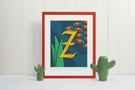 Letter Z Wall Art Print Artistic Monogram Typography Poster Unique Initial Gift for Nursery or Classroom Decor Botanical Alphabet Sign