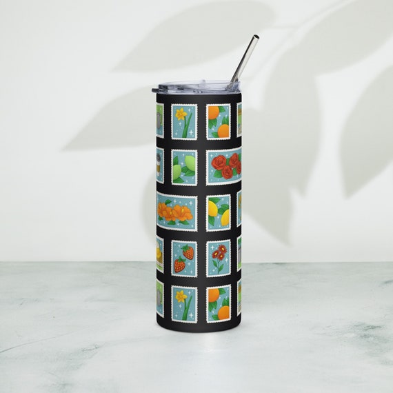 Coffee Fruit Floral Postage Stamps Travel Mug Cute Stainless Steel Tumbler with Straw