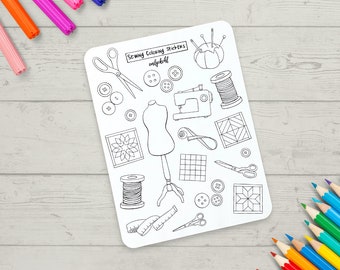 Coloring Stickers, Sewing Themed Journal Sticker Sheet