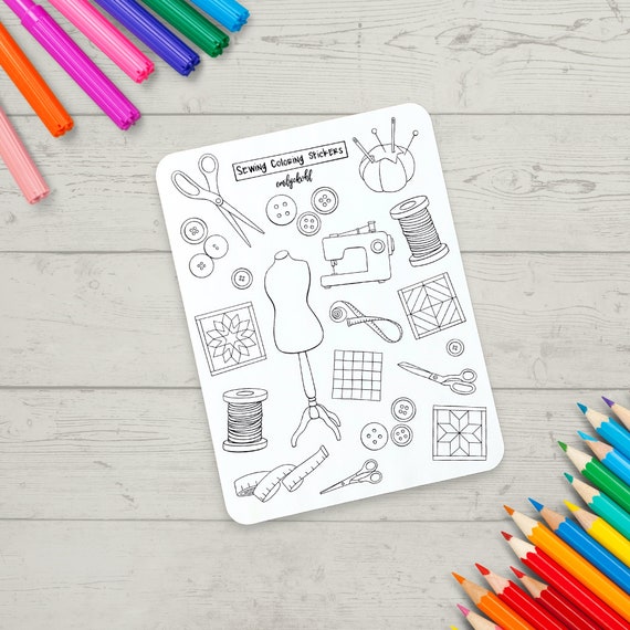 Coloring Stickers Sewing Themed Custom Journal Sticker Sheet Adult Coloring Gift