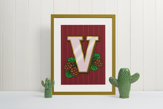 Letter V Wall Art Print Monogram Typography Poster Unique Initial Gift for Nursery Office or Classroom Decor Artistic Alphabet Sign