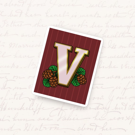Letter V Vinyl Sticker Bold Monogram Typography Waterproof Decal Unique Initial Gift for Water Bottles Tablets or Journals Pine Cones Art