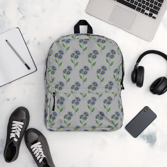 Floral Print Backpack Women's Aster Flower Book Bag with Laptop Pocket