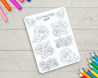 Coloring Stickers, Rose Themed Journal Sticker Sheet